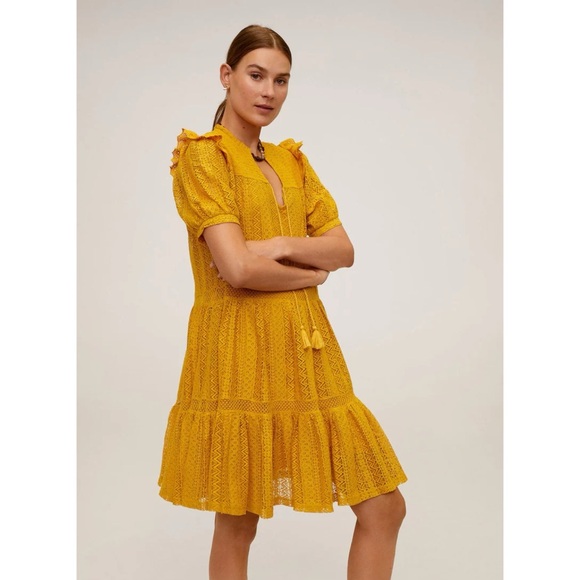 Mango Lace Dress Mustard - Picture 1 of 15